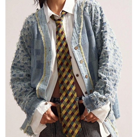 Light Wash Button Down Oversized Frayed Denim Jean Jacket Shacket
- Picture 2 of 6